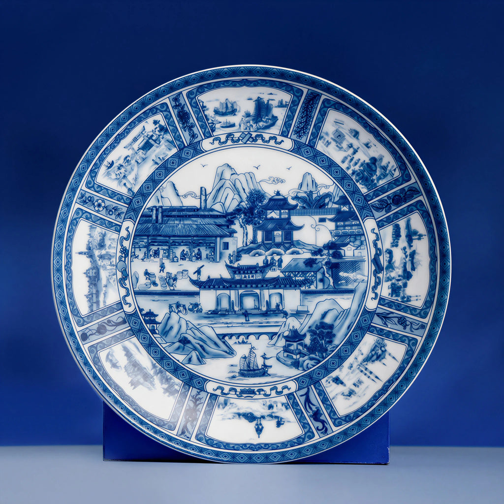 Jingdezhen Silk Road porcelain plate shown upright on a blue display stand.