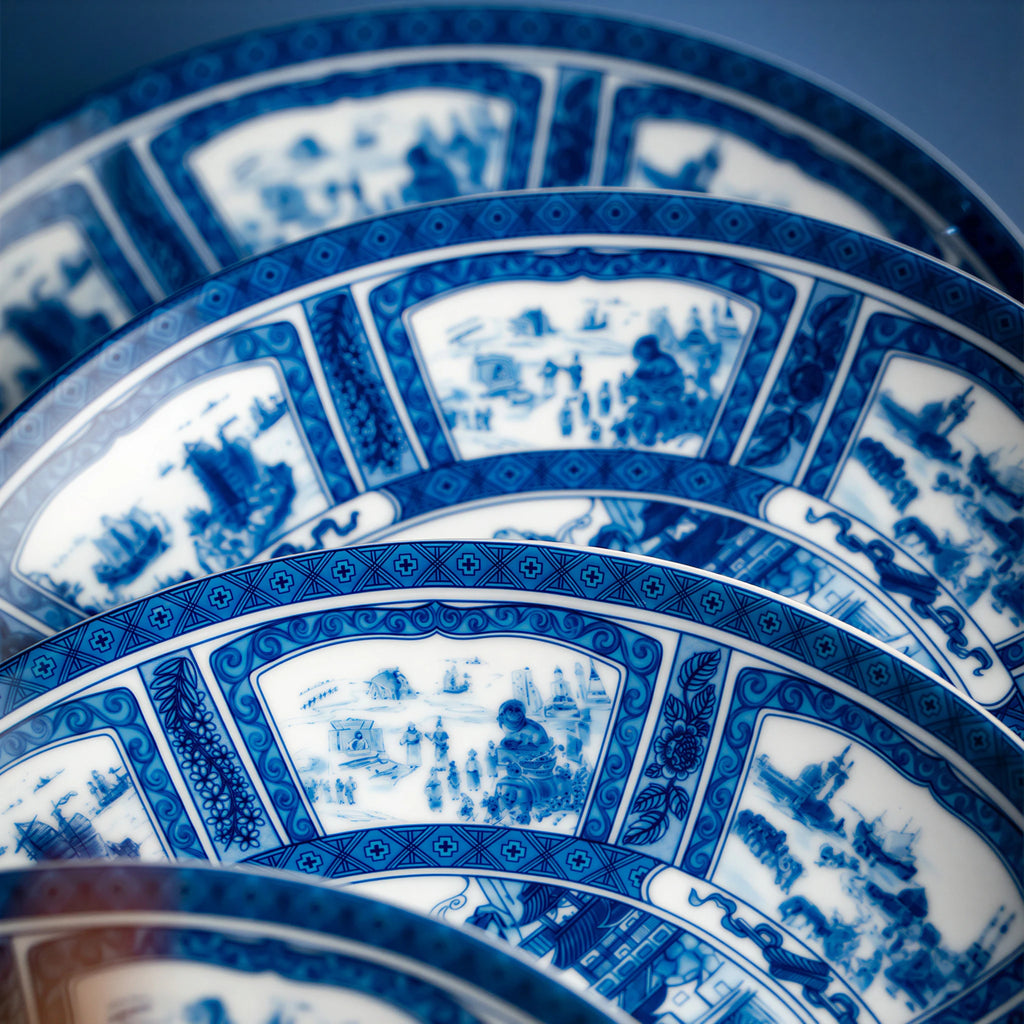 Detail of the blue rim panels on the Jingdezhen Silk Road in-glaze porcelain plate.