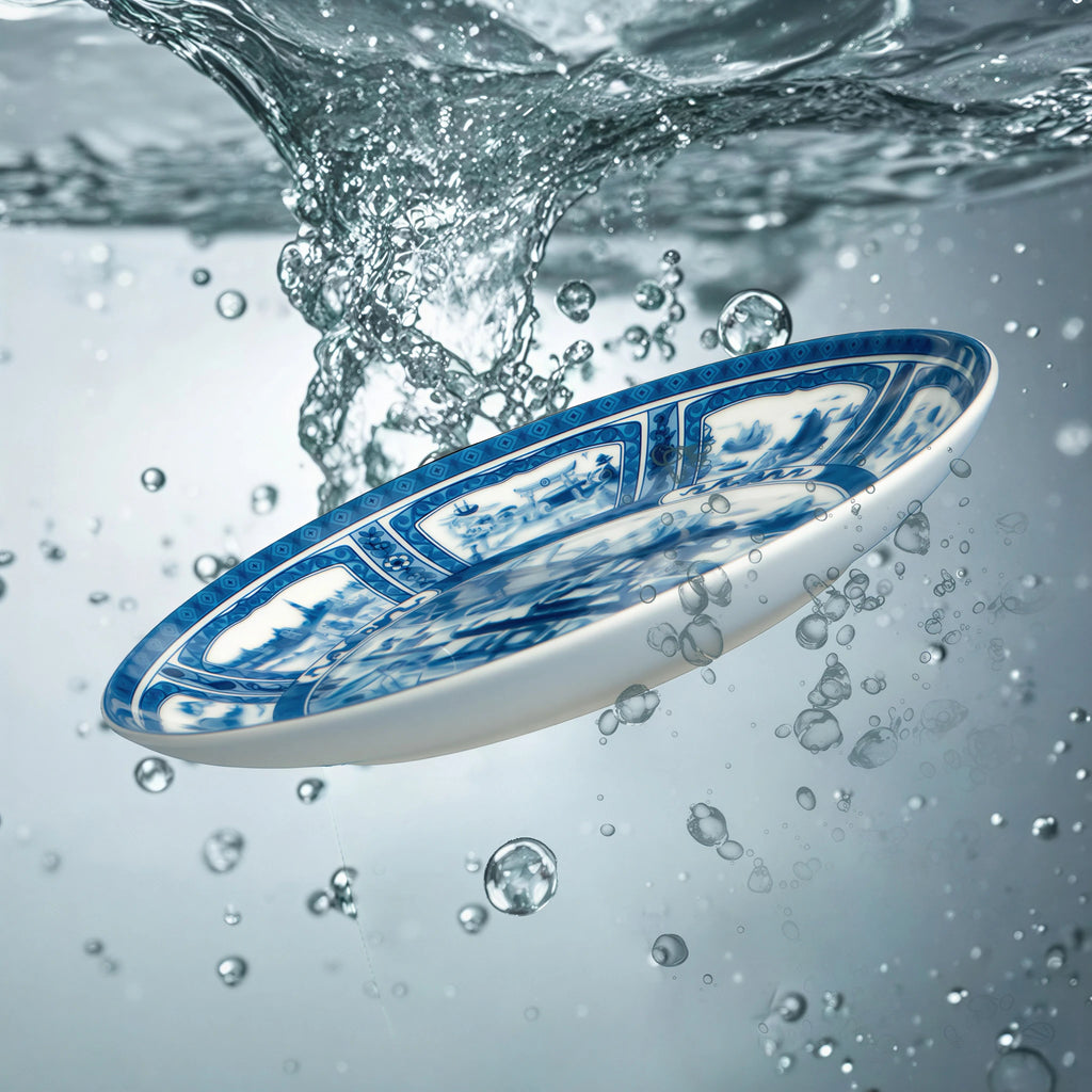 Angled Jingdezhen Silk Road porcelain plate shown under moving water.