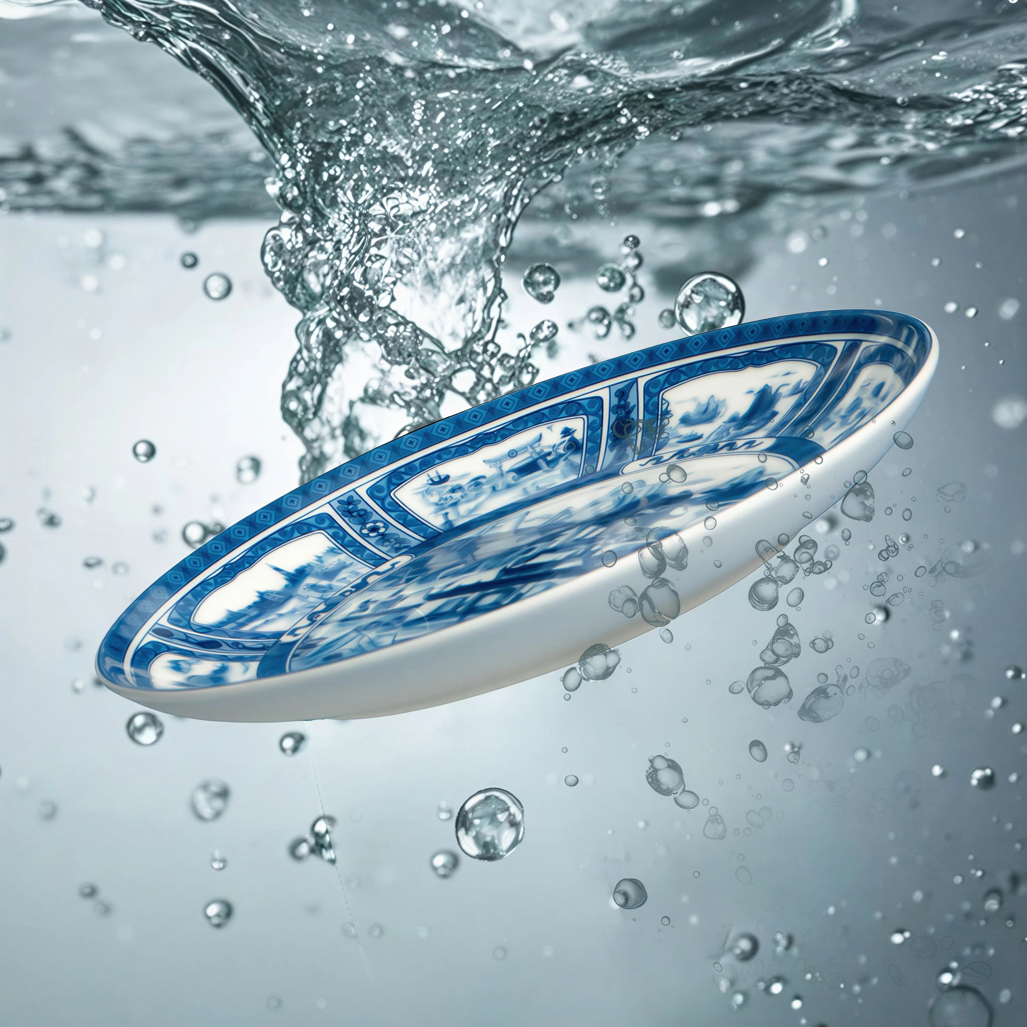 Angled Jingdezhen Silk Road porcelain plate shown under moving water.