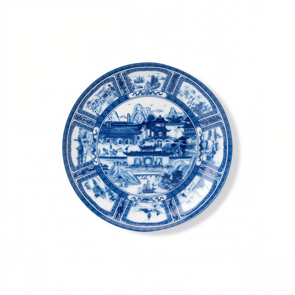 Top view of the 8-inch Jingdezhen Silk Road porcelain plate on a white background.