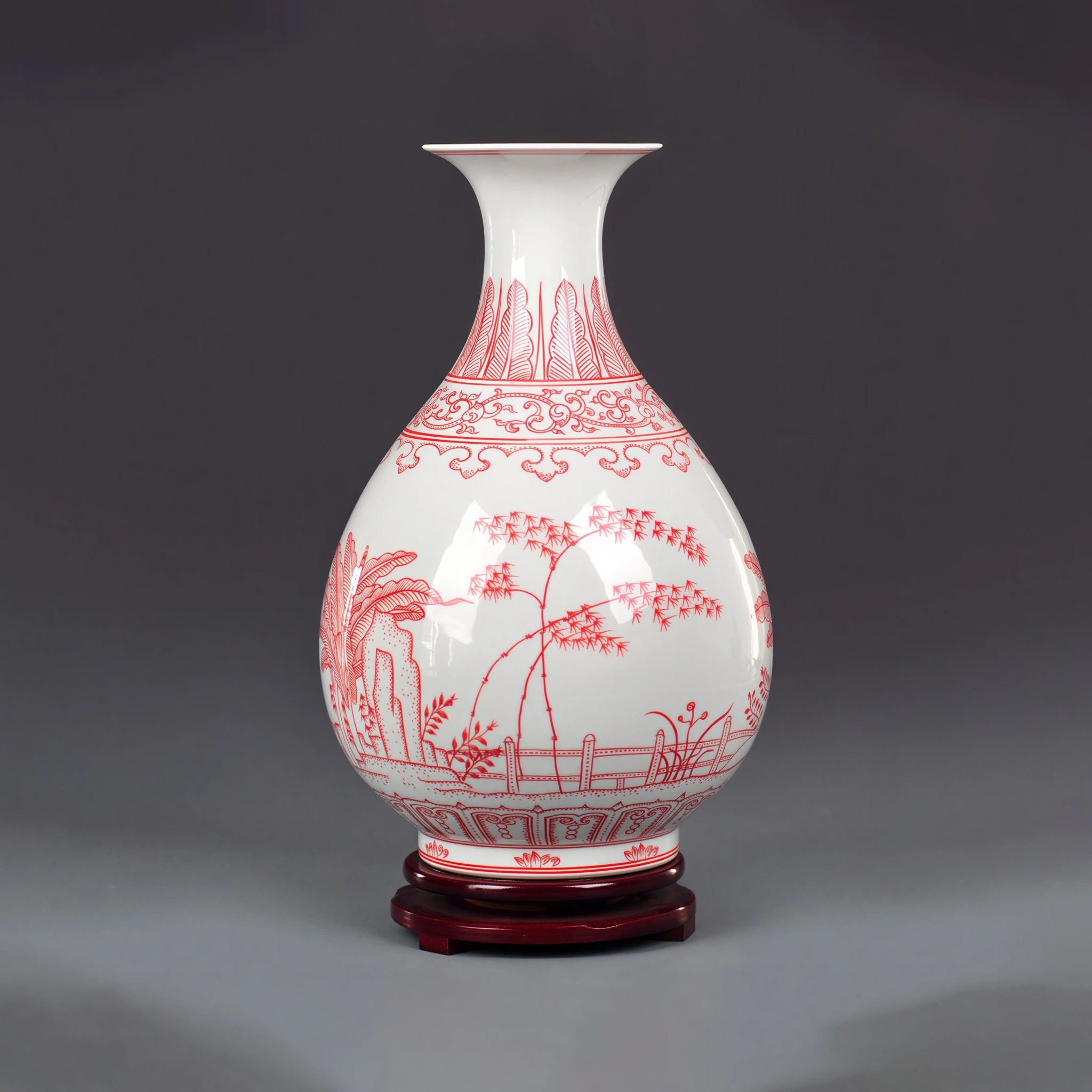 Front view of a Jingdezhen Yuhuchun vase with underglaze-red bamboo garden decoration
