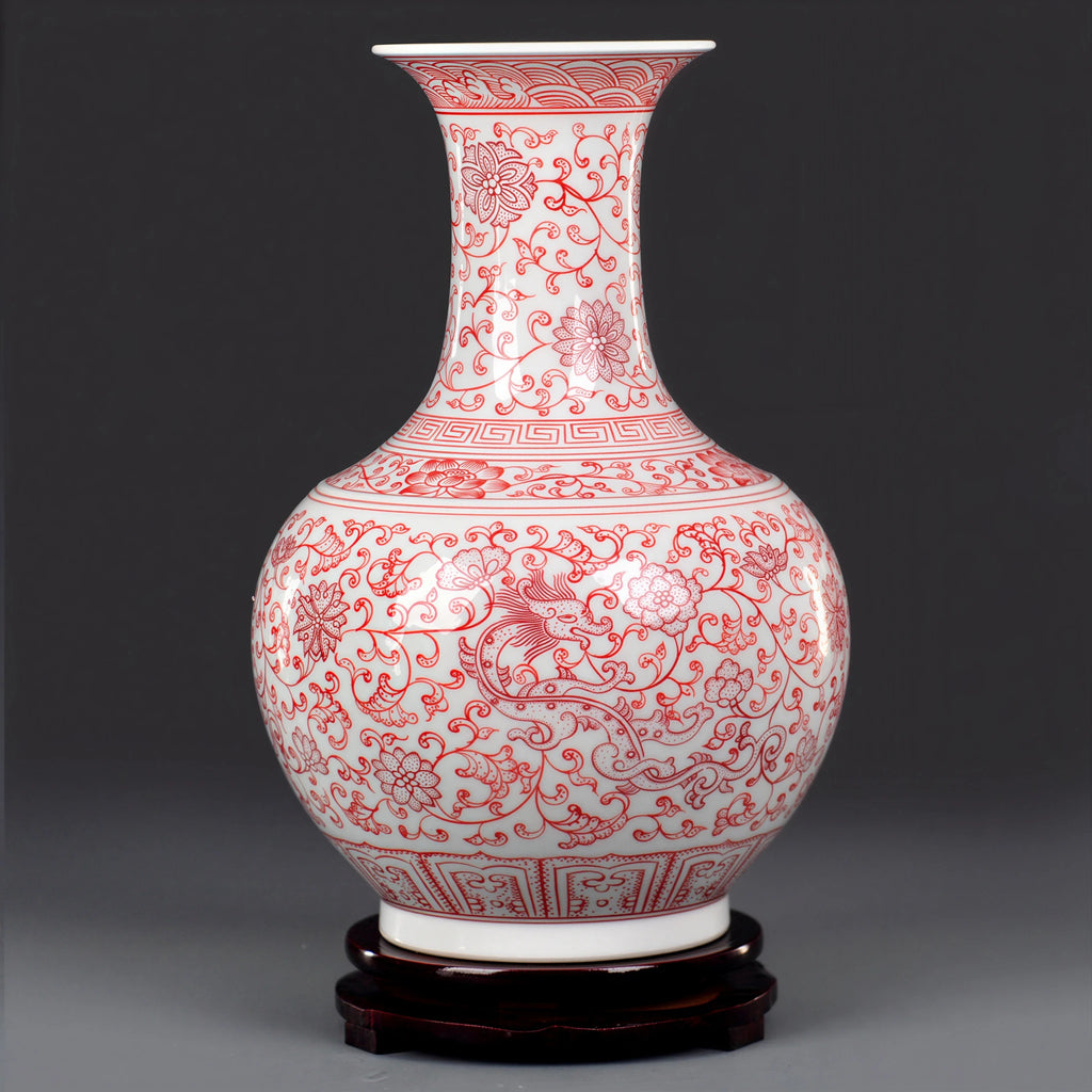 Jingdezhen underglaze-red Shangping vase displayed as a focal point