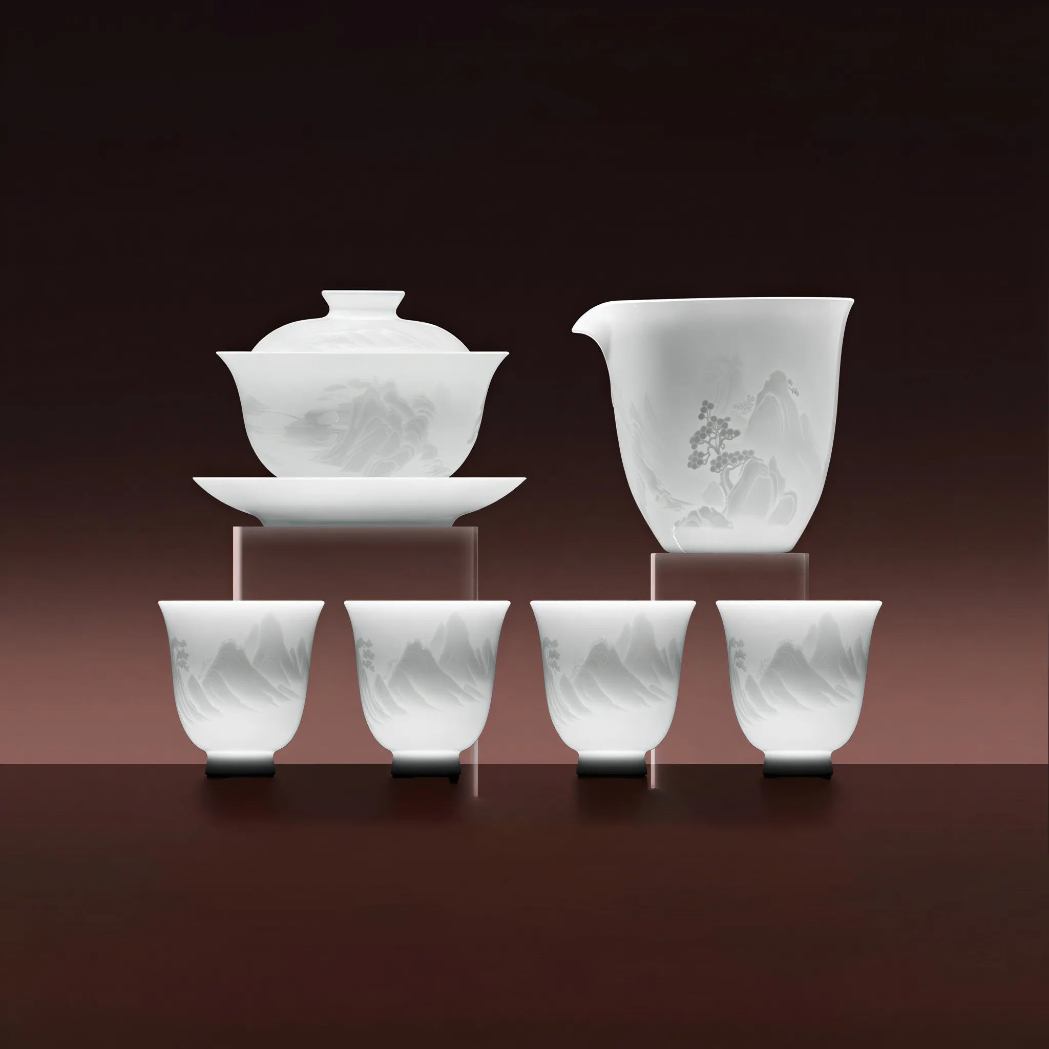 Pure White Jingdezhen porcelain tea set with carved mountain relief