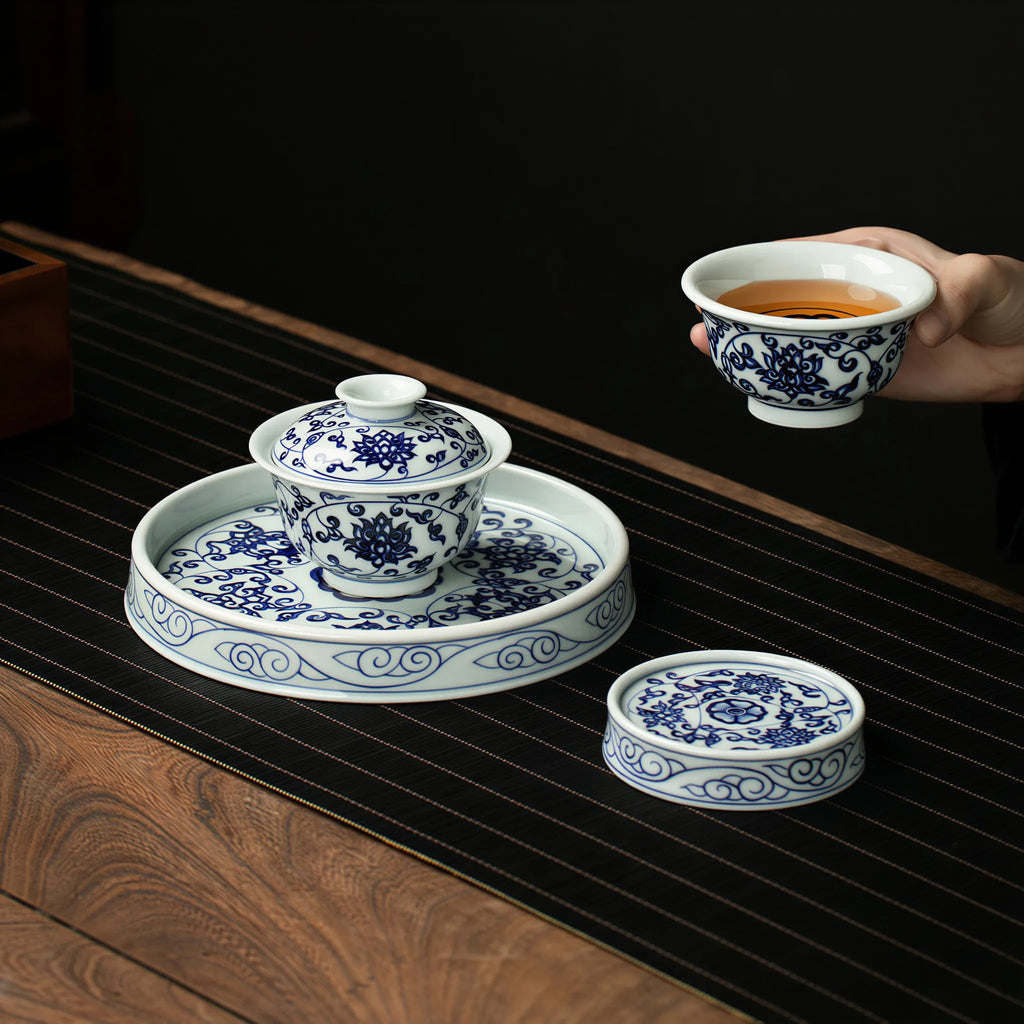 Four-piece wood-fired scrolling lotus tea set for one