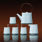 Yingqing begonia tea set arranged on a tiered display