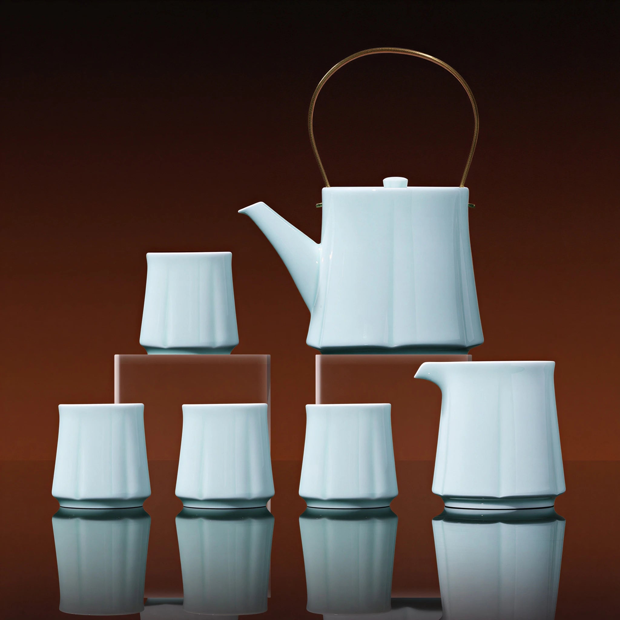 Yingqing begonia tea set arranged on a tiered display