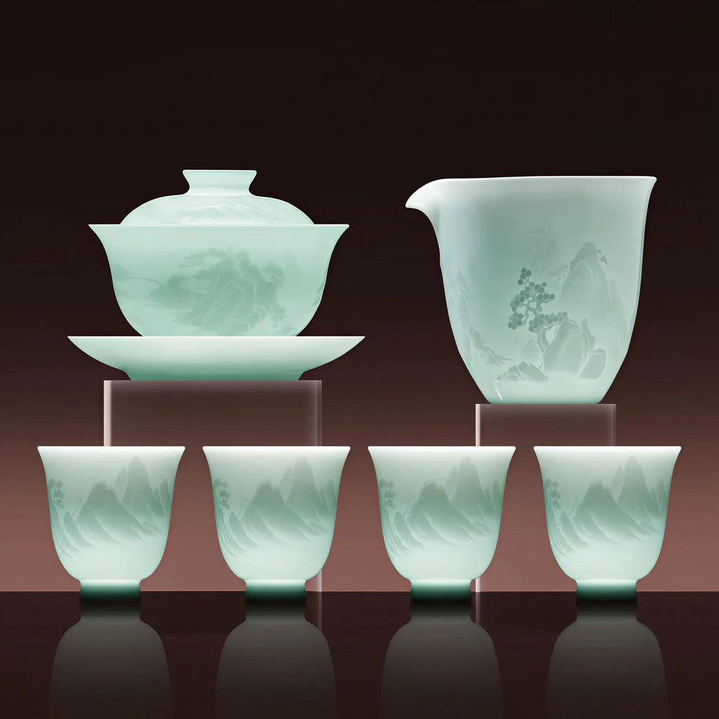 Yingqing Distant Mountains tea set with gaiwan, pitcher, and four cups