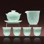 Yingqing Distant Mountains tea set with gaiwan, pitcher, and four cups