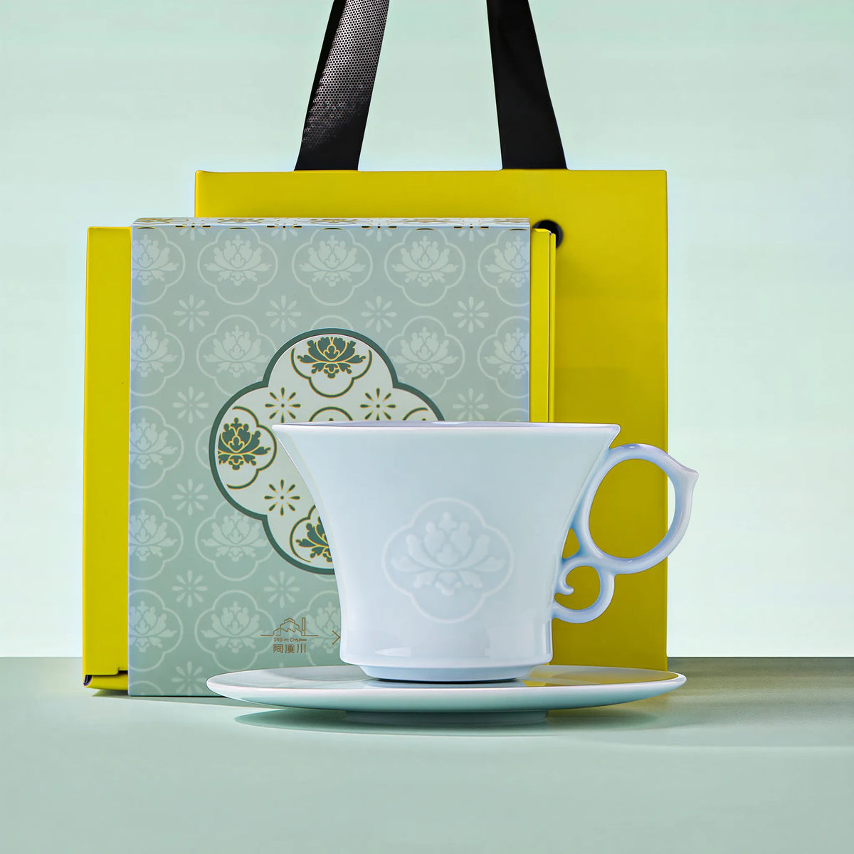Yingqing carved peony coffee cup set in its presentation box