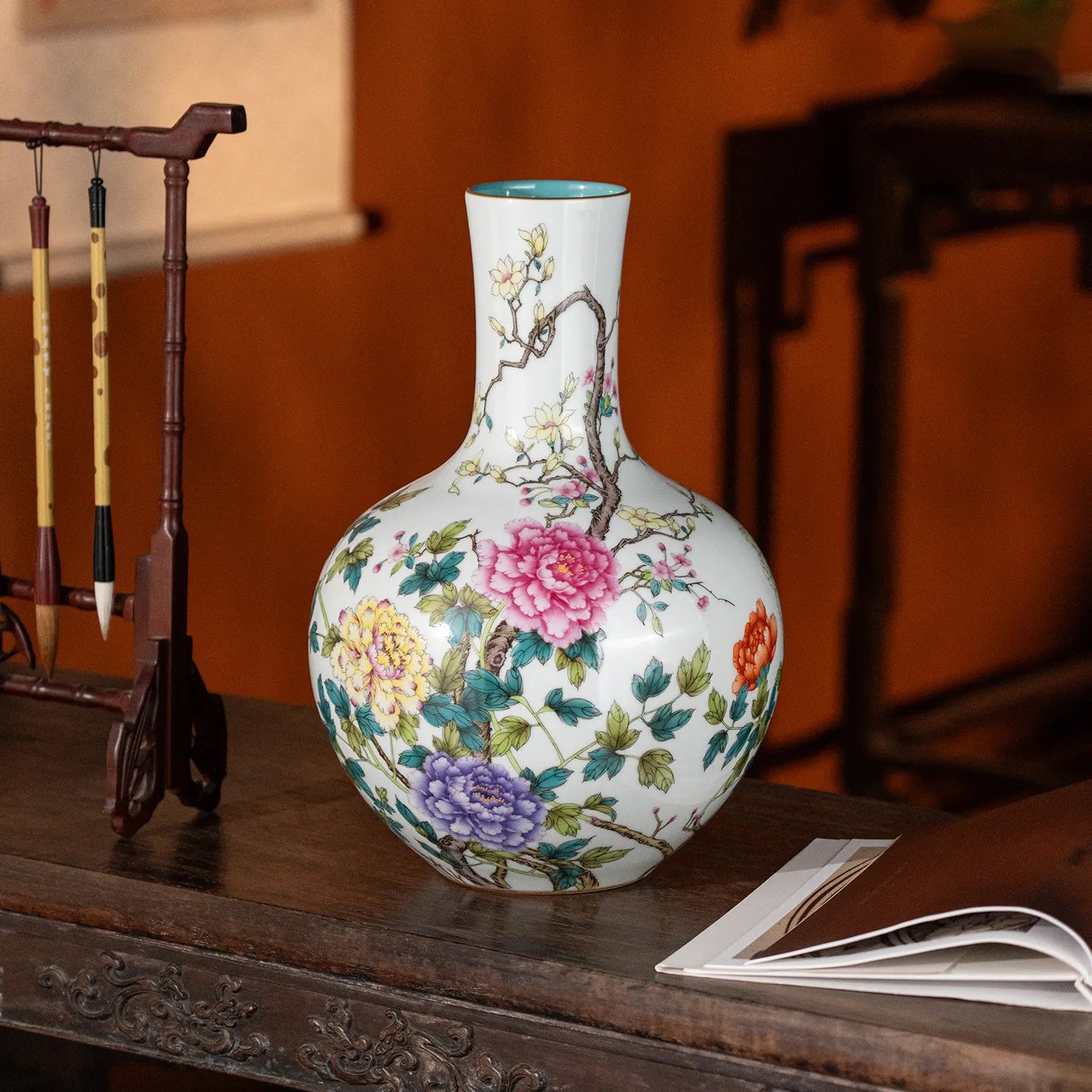 Famille rose Yutang Fugui Tianqiu vase in an interior setting