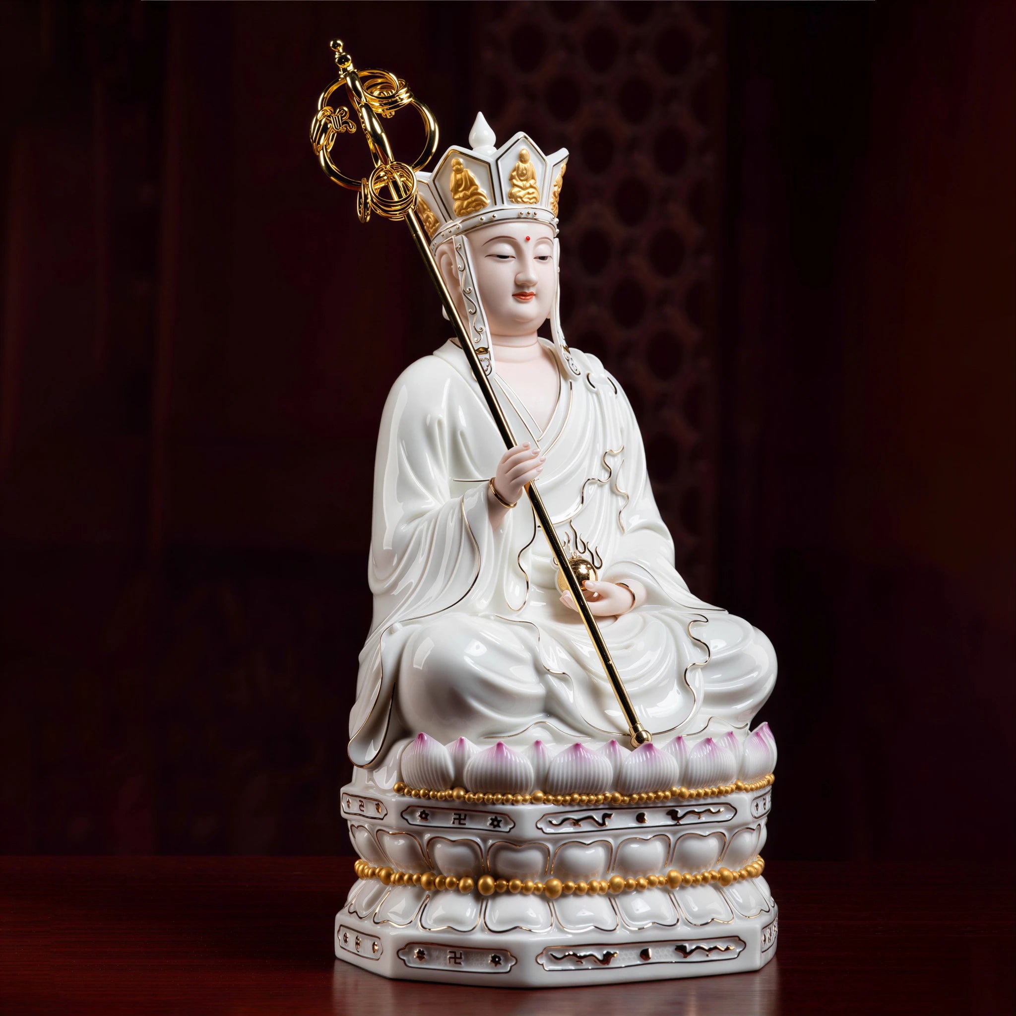 Detail of gold-toned lines across the tiered lotus pedestal