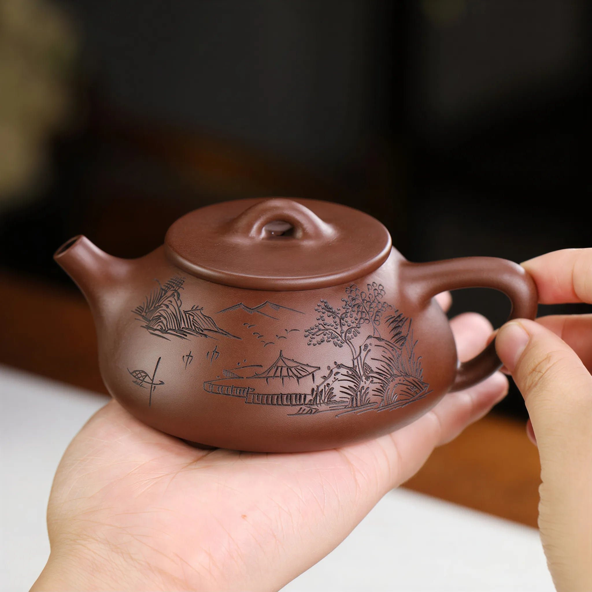 Landscape-carved Shipiao teapot held in one hand