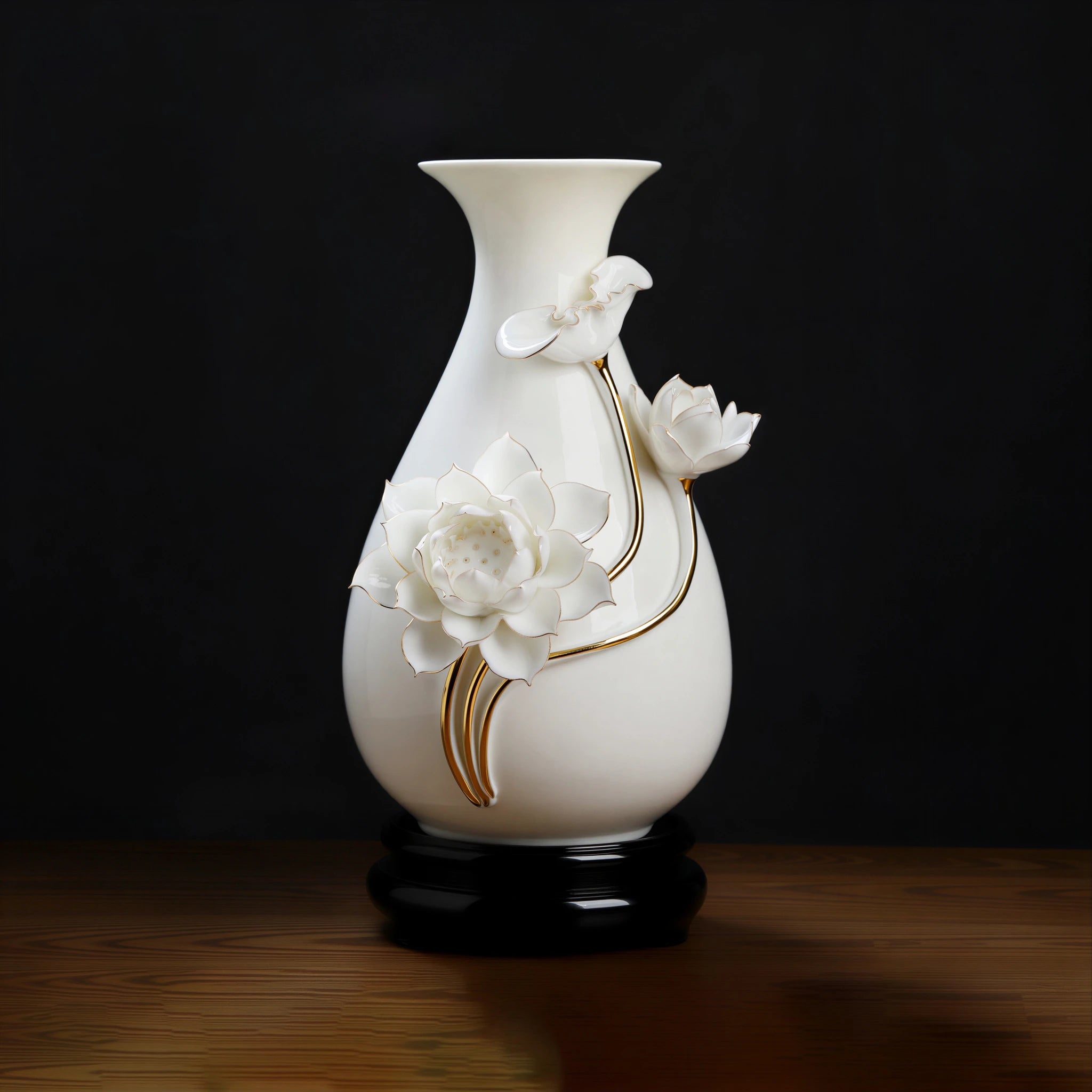 Large white porcelain lotus relief vase shown in full profile
