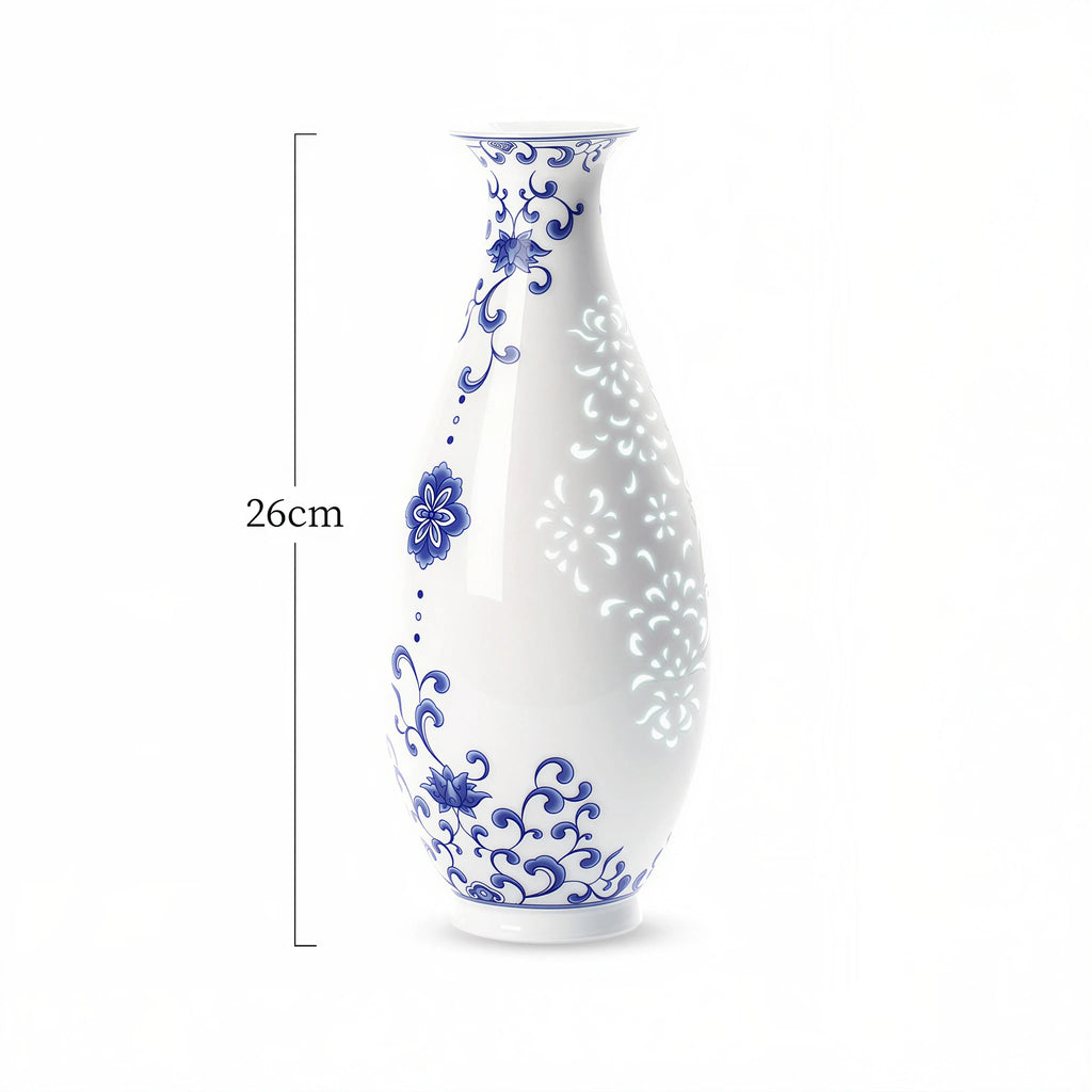 Size guide showing the Jingdezhen linglong Guanyin vase at 26 cm high