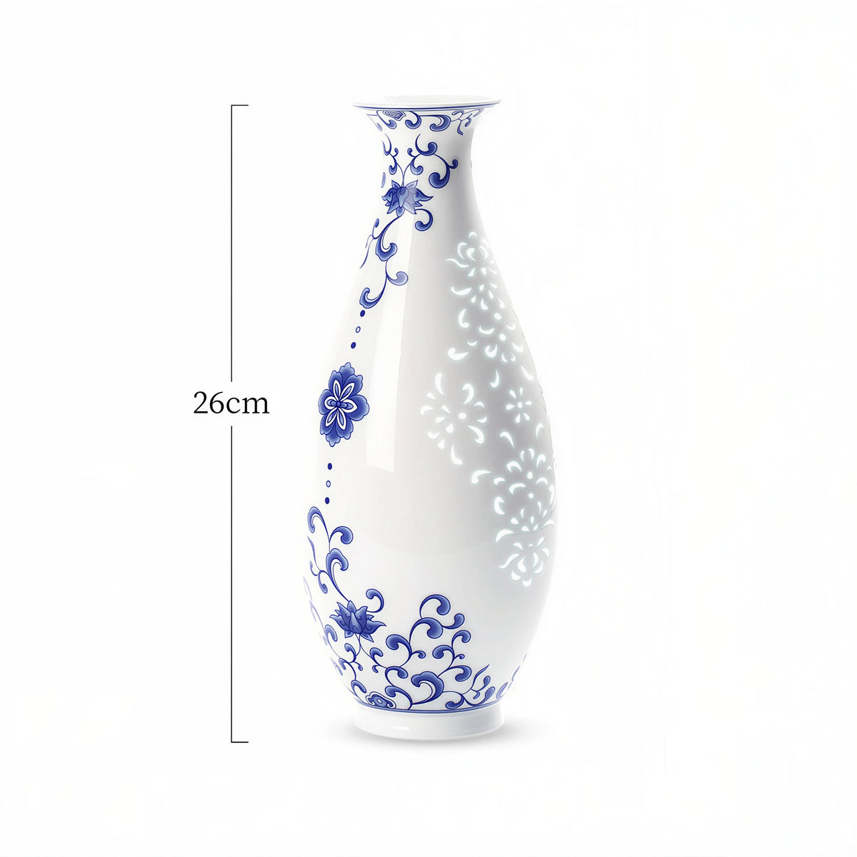 Size guide showing the Jingdezhen linglong Guanyin vase at 26 cm high