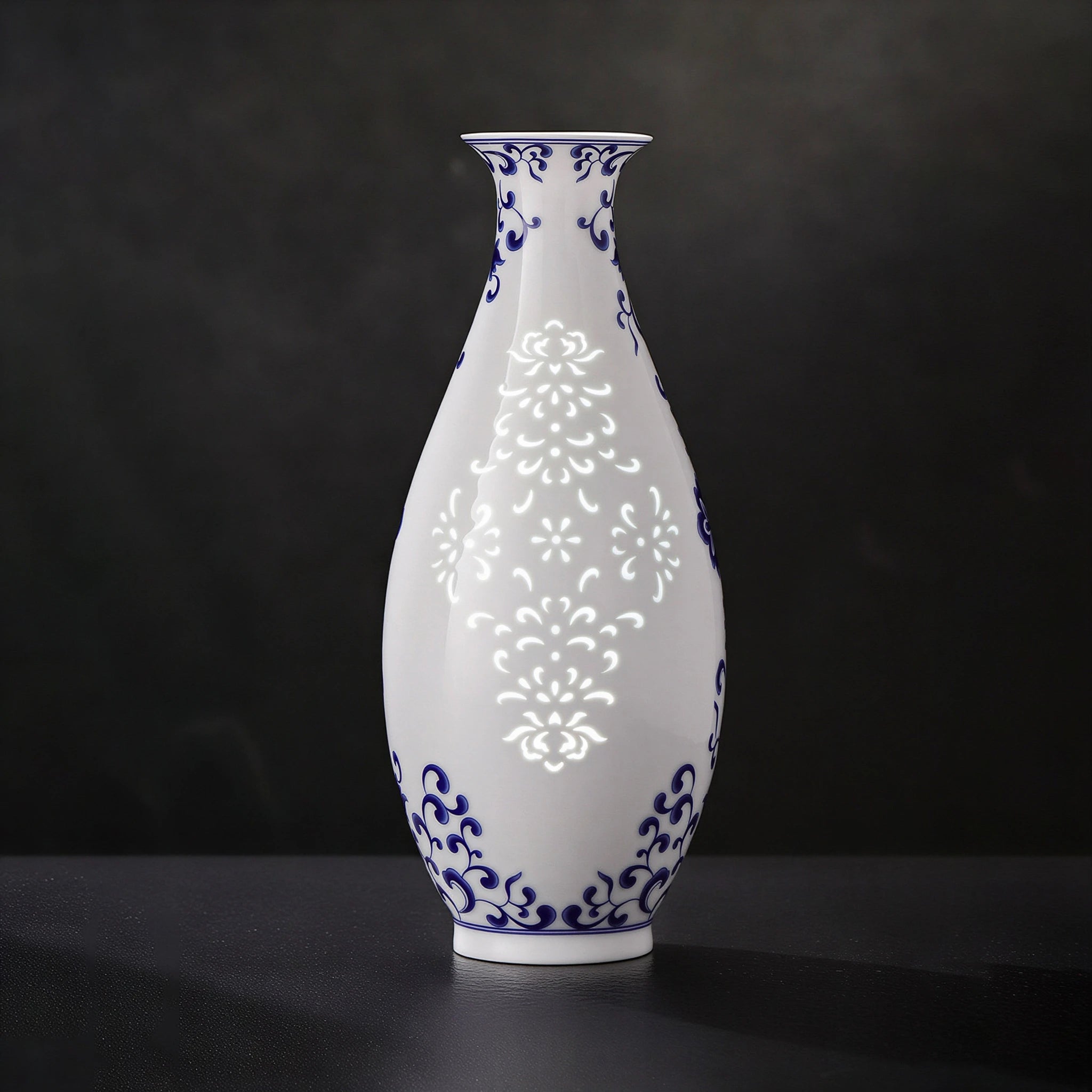 Back view of the Guanyin vase showing luminous floral linglong windows