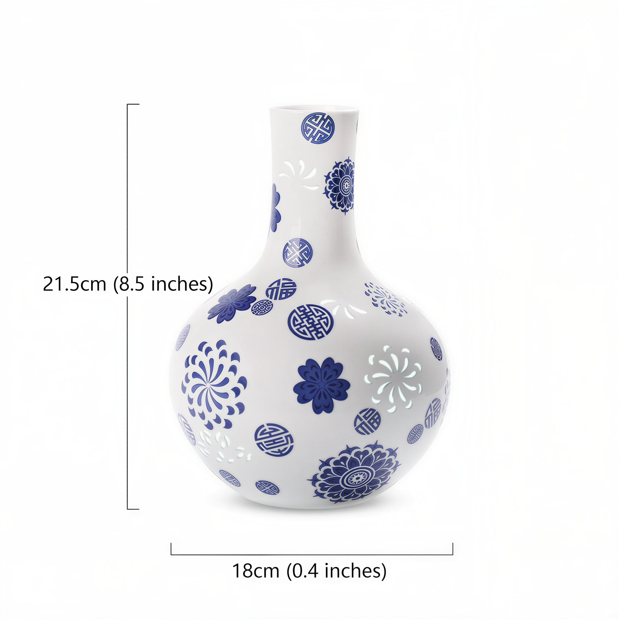 Size guide for the Jingdezhen linglong Tianqiu vase at 21.5 cm high