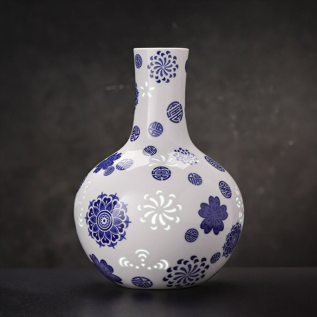 Full view of the cobalt floral Tianqiu vase with its globular body and upright neck