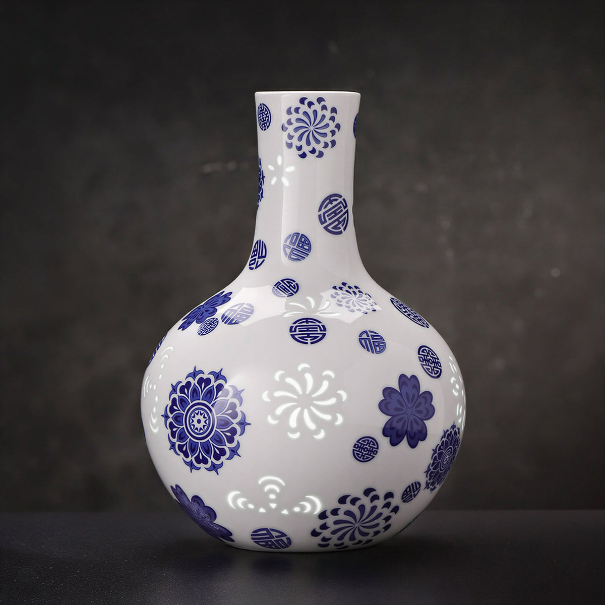 Full view of the cobalt floral Tianqiu vase with its globular body and upright neck