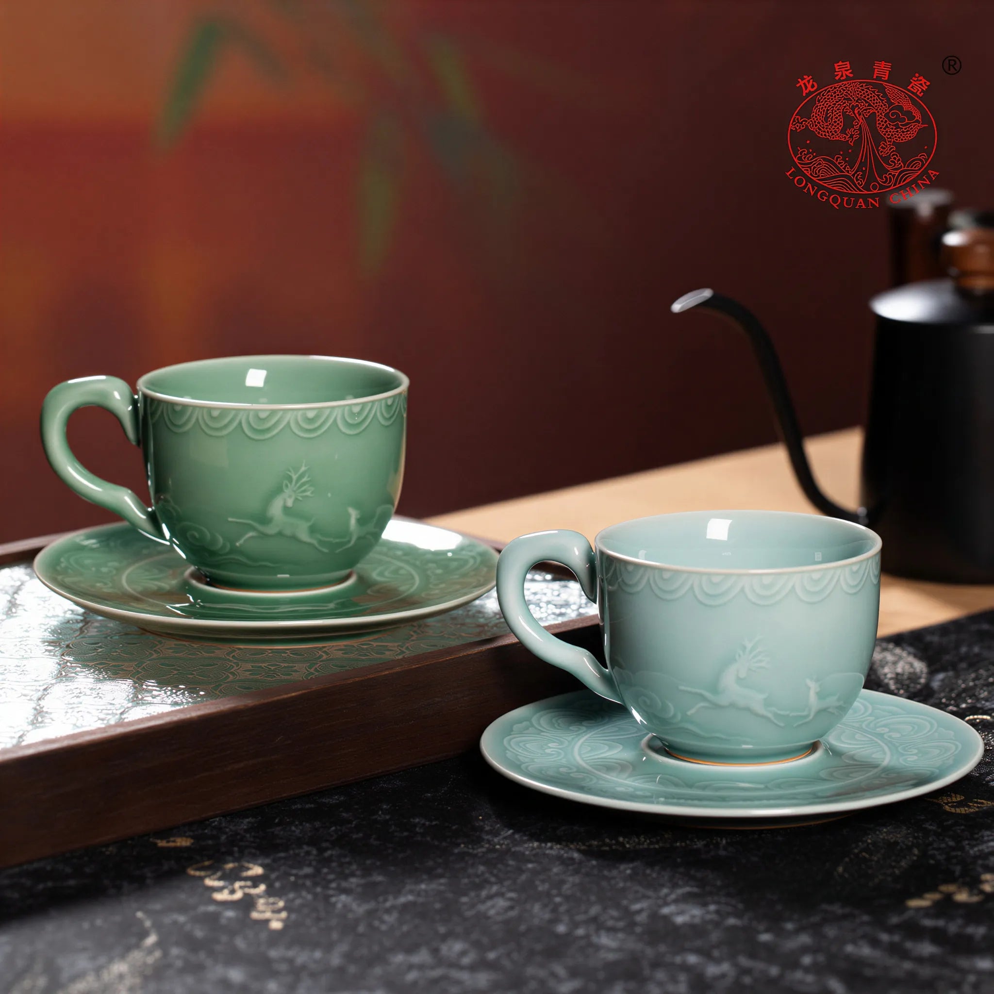 Longquan celadon coffee cup styled with a pour-over kettle
