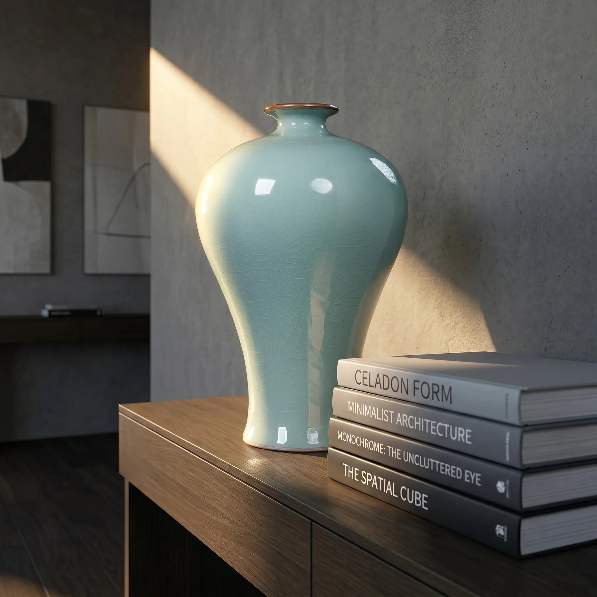 Longquan celadon Meiping vase in a restrained reading room