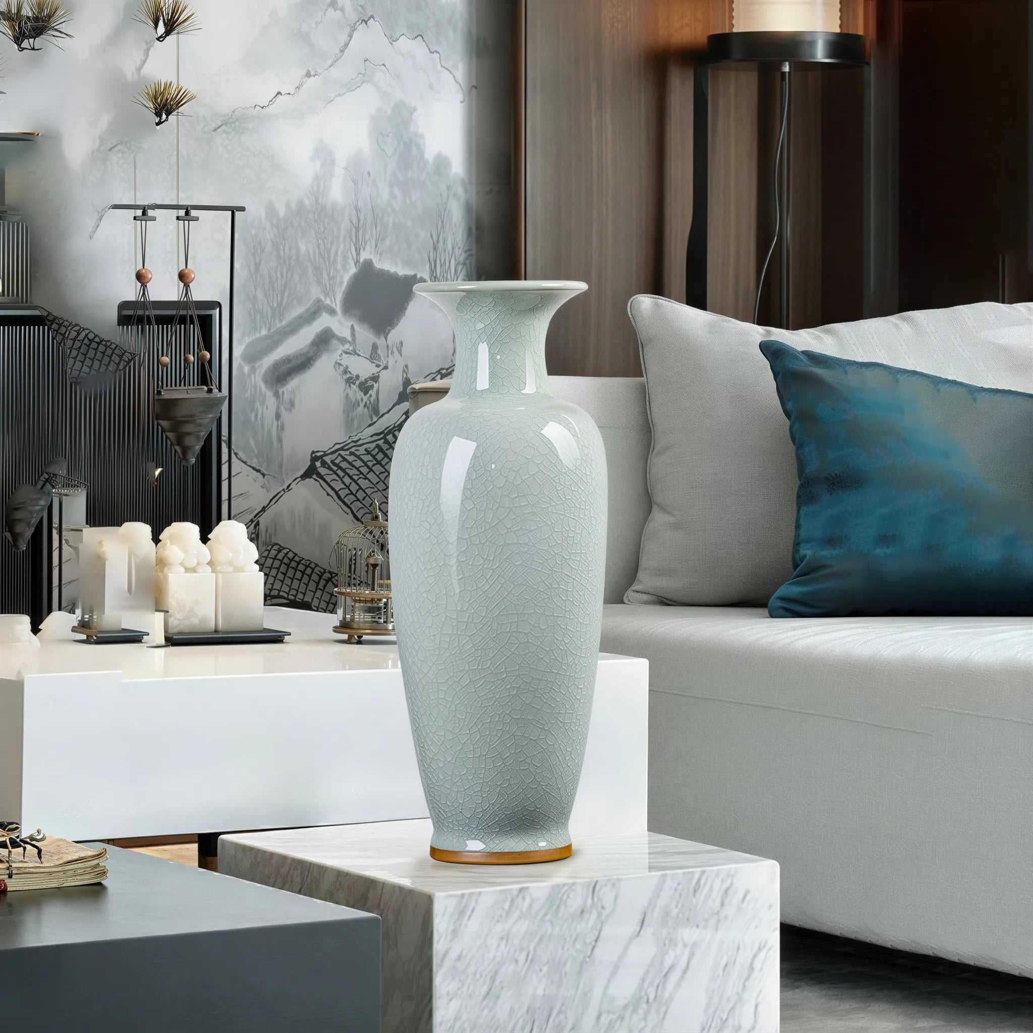 Tall Longquan celadon floor vase in a modern living room