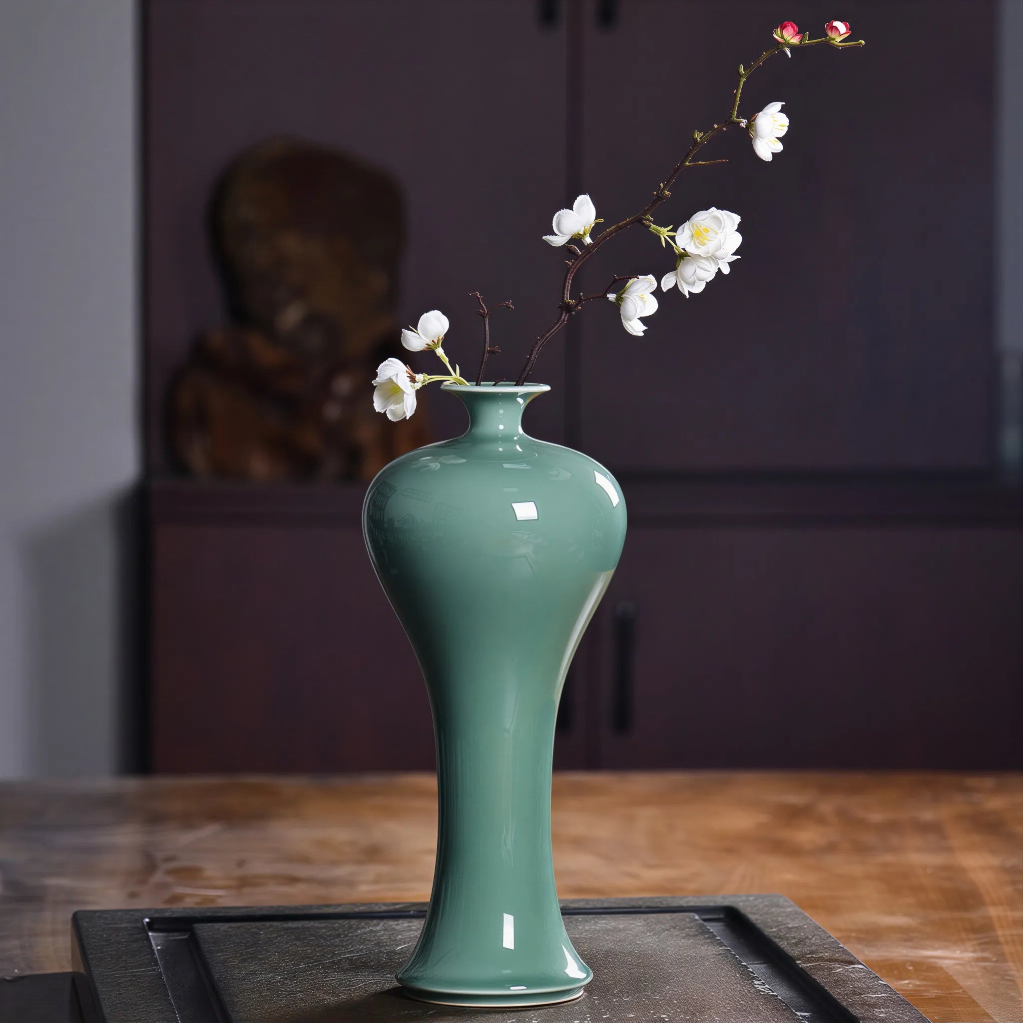 Deep Celadon meiping vase with a flowering branch