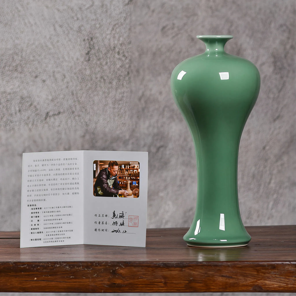 Deep Celadon meiping vase in its presentation setting