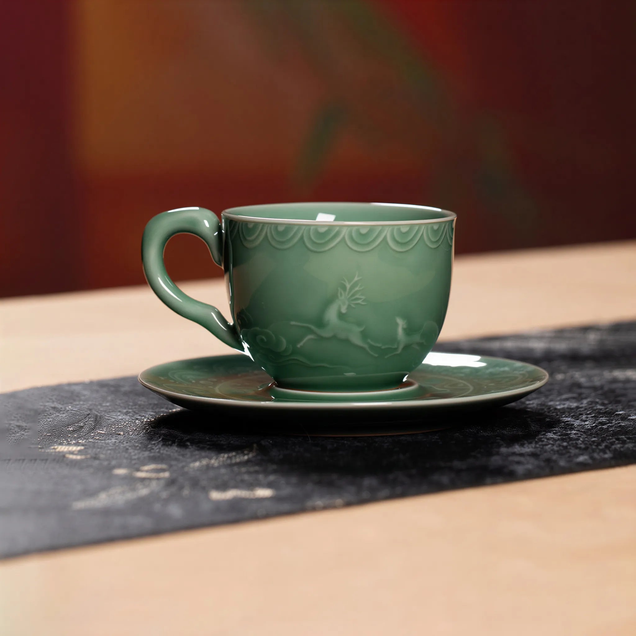 Plum Green Longquan celadon coffee cup and saucer