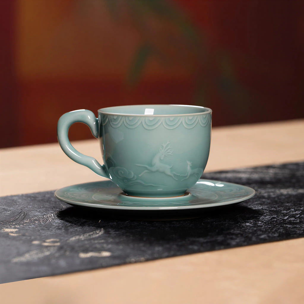 Sky Blue Longquan celadon coffee cup and saucer