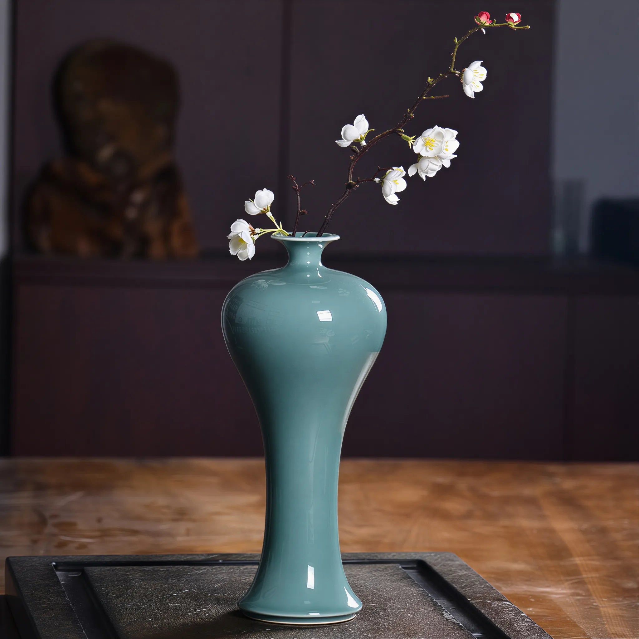 Sky Cyan Celadon meiping vase with plum blossom