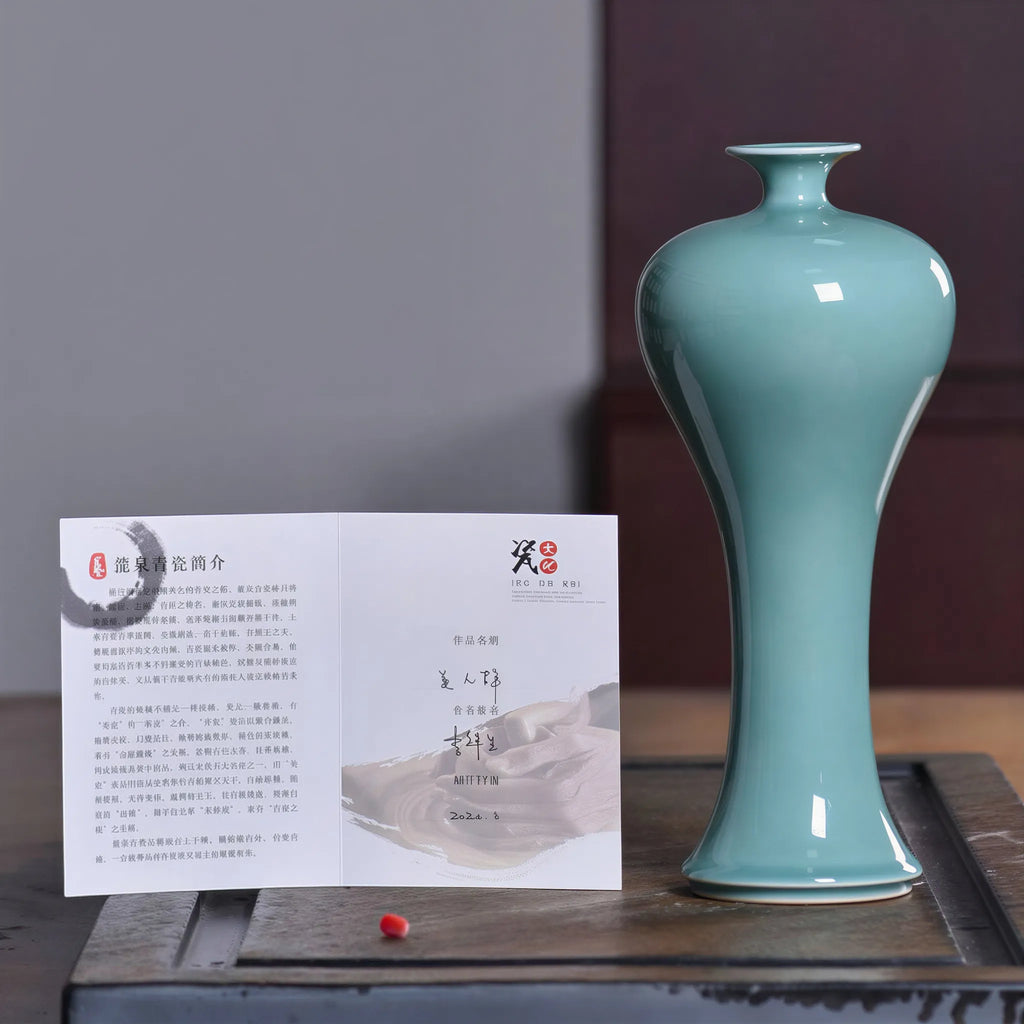 Sky Cyan Celadon meiping vase in its presentation setting