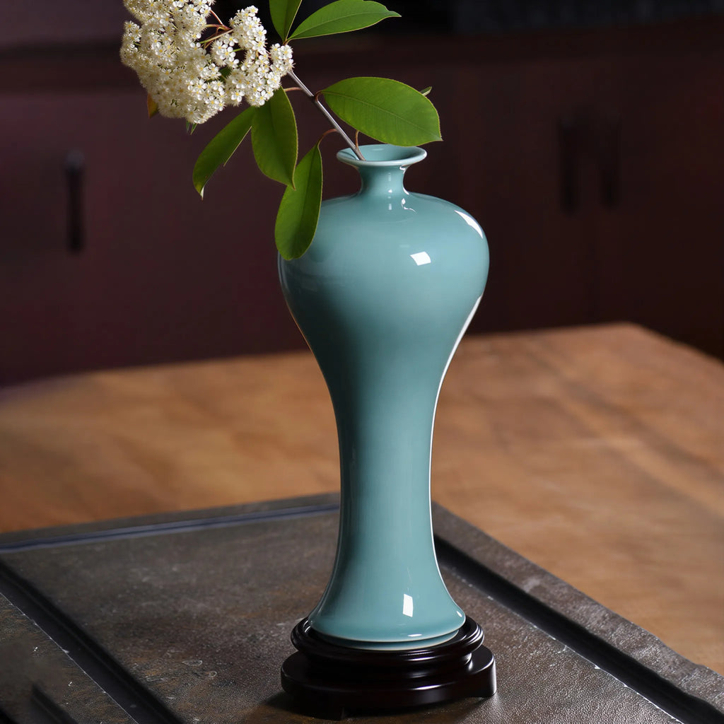 Sky Cyan Celadon meiping vase with white blossom