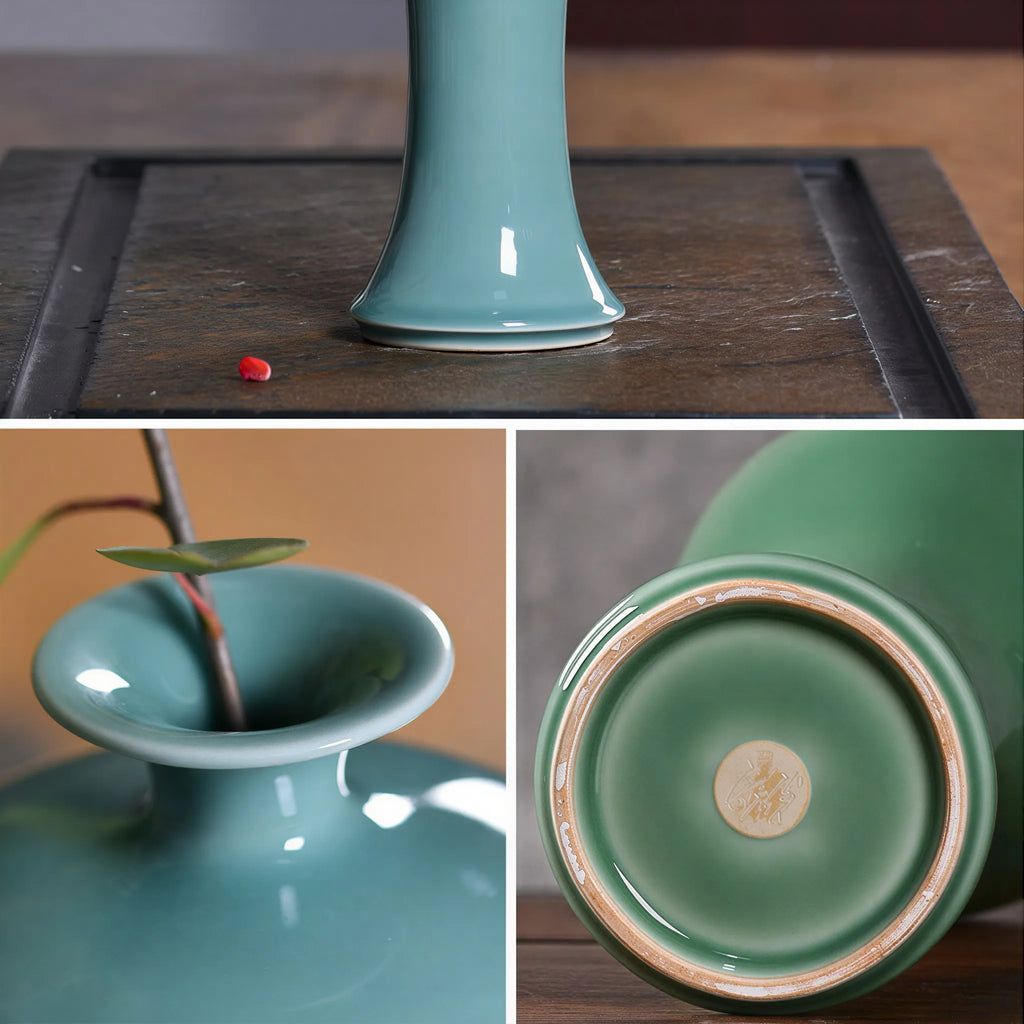 Rim, shoulder, body, and foot details of the slender celadon meiping vase