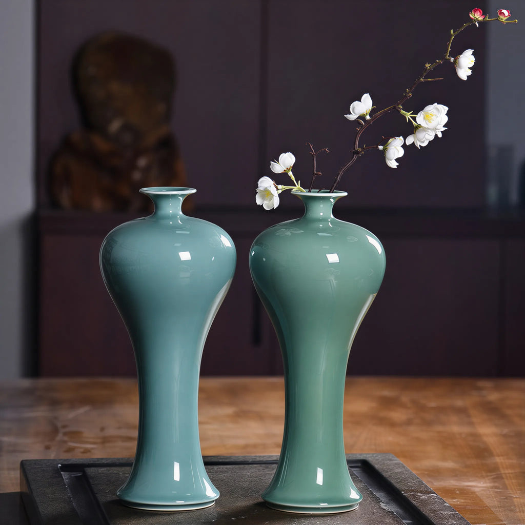 Deep Celadon and Sky Cyan slender meiping vases shown together