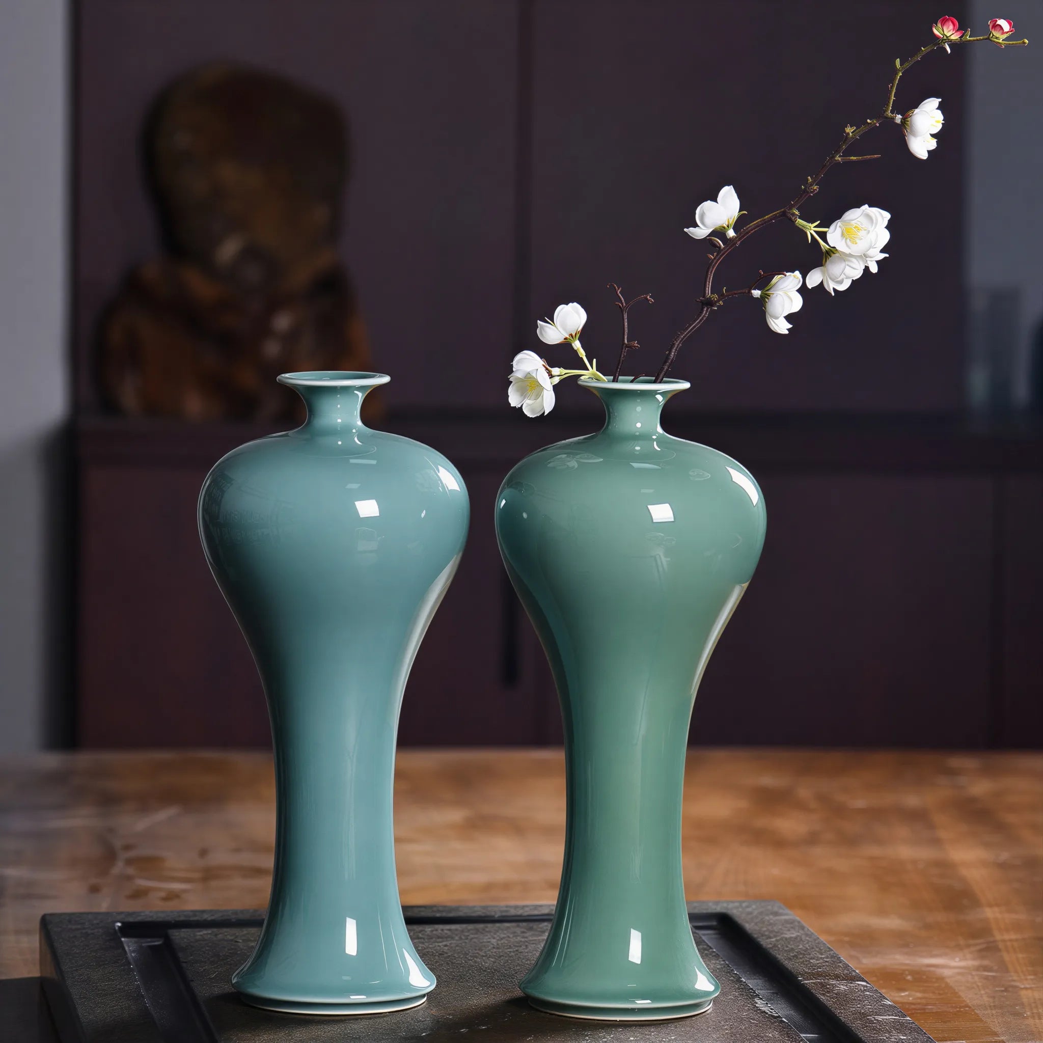 Deep Celadon and Sky Cyan slender meiping vases shown together