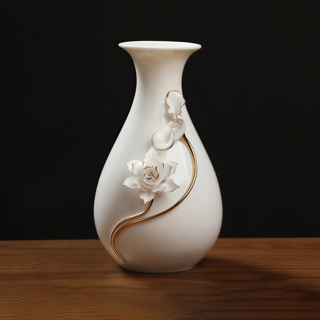 Lotus relief porcelain vase displayed as a tabletop centerpiece