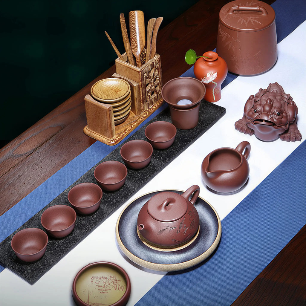 Complete lotus-carved Shipiao tea set on display