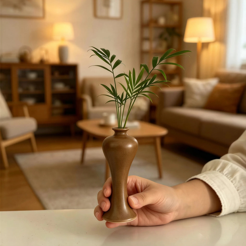 Handheld maple-yellow Meiping mini porcelain vase styled in a warm living room.