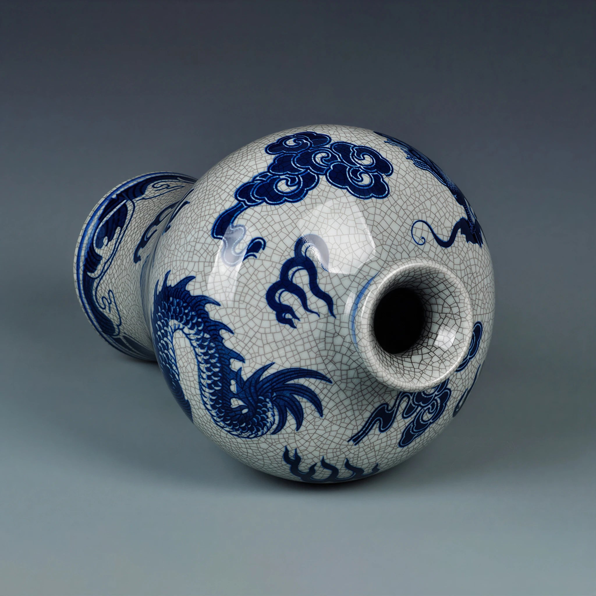 Close view of the Meiping vase's broad shoulder and cobalt-blue dragon
