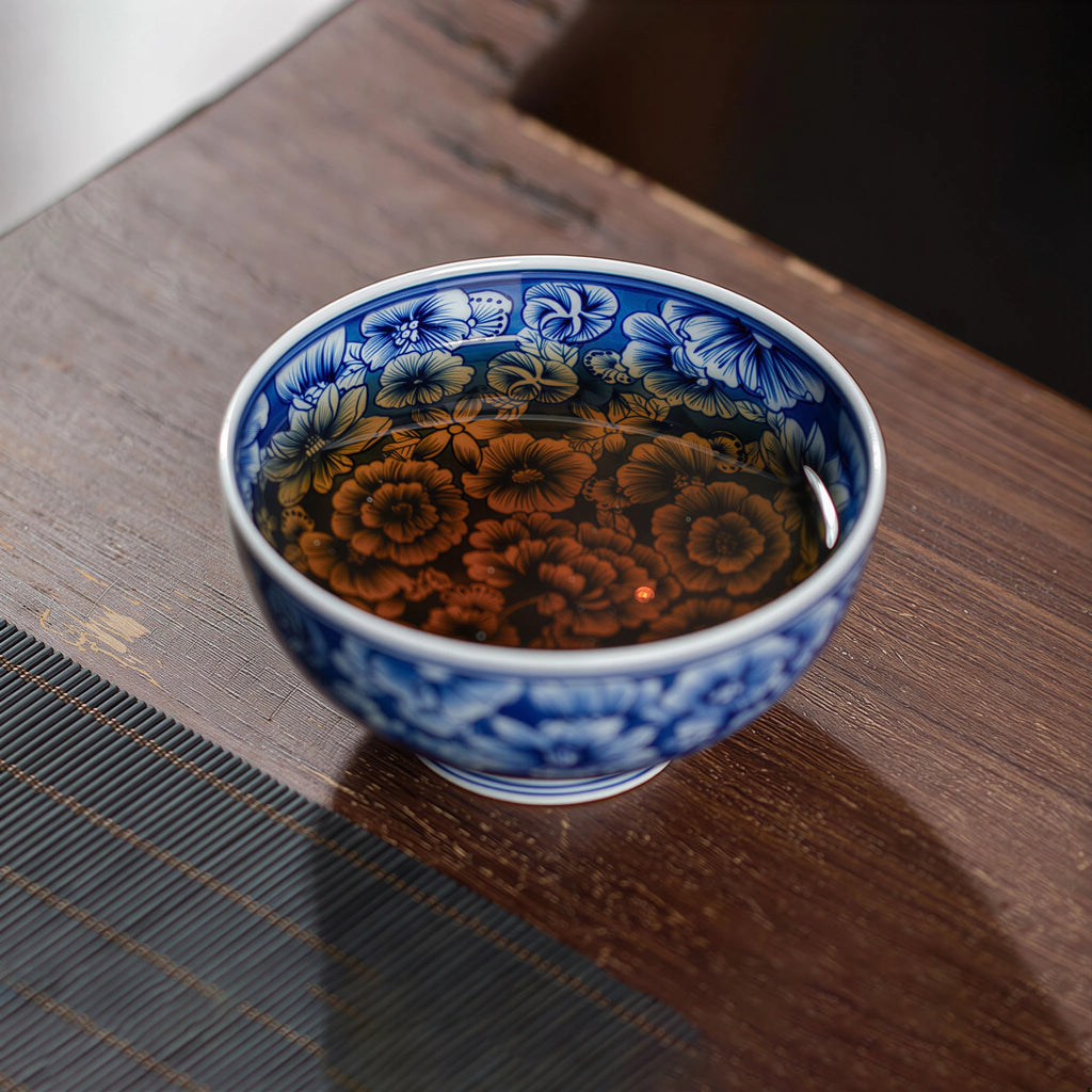 Millefleurs teacup filled with tea on a bamboo mat