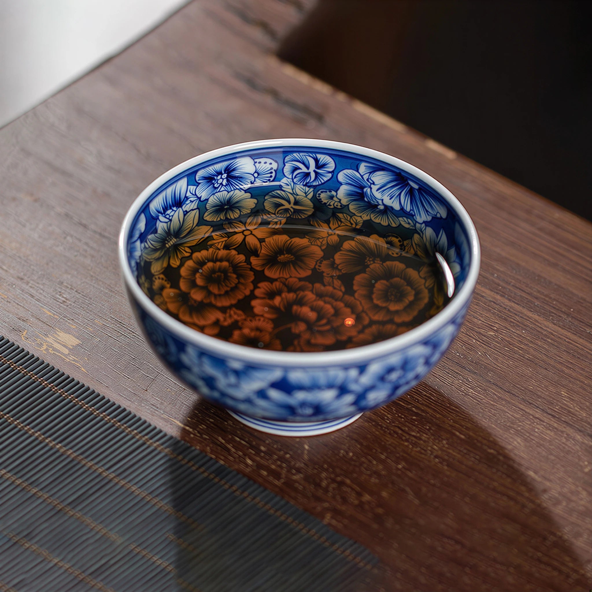 Millefleurs teacup filled with tea on a bamboo mat