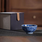 Side profile of the millefleurs teacup beside its box