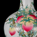 Close view of pink peach enamels and hand-painted leaves