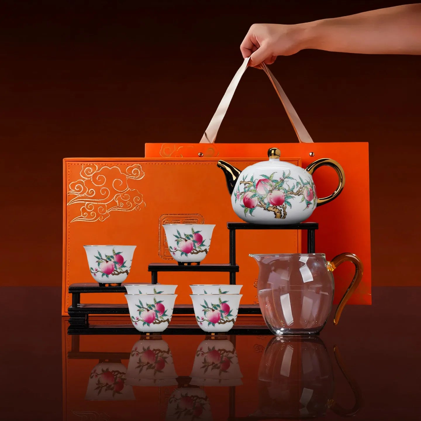 Nine Peaches and Five Bats tea set in its presentation box