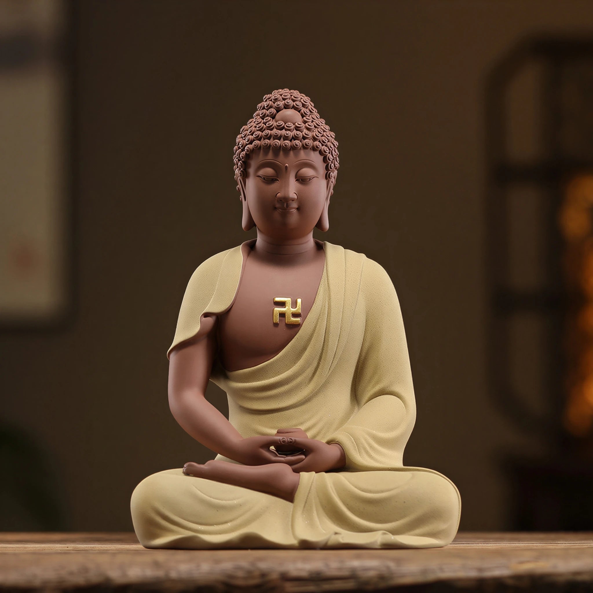 Ochre textured Dehua Amitabha Buddha with a warm brown porcelain body