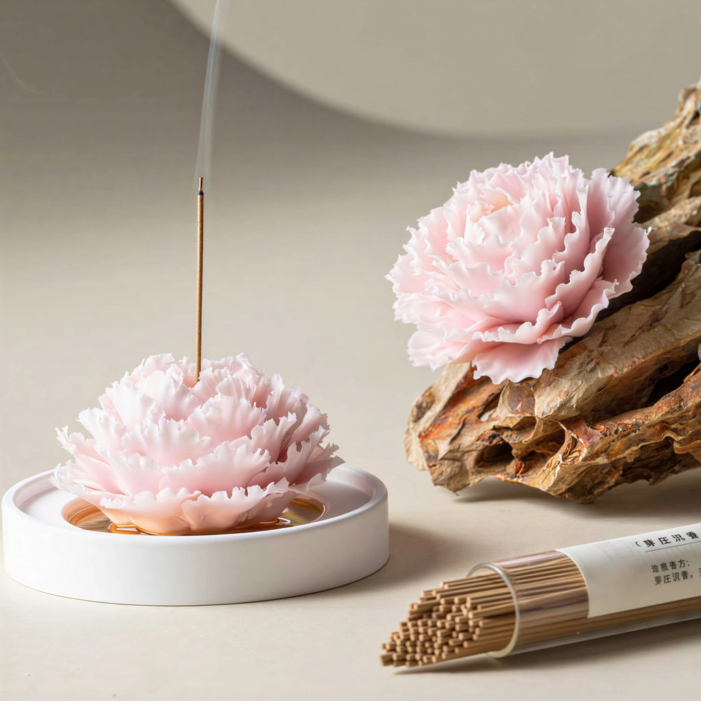 Pink porcelain carnation incense holder on a restrained tea table
