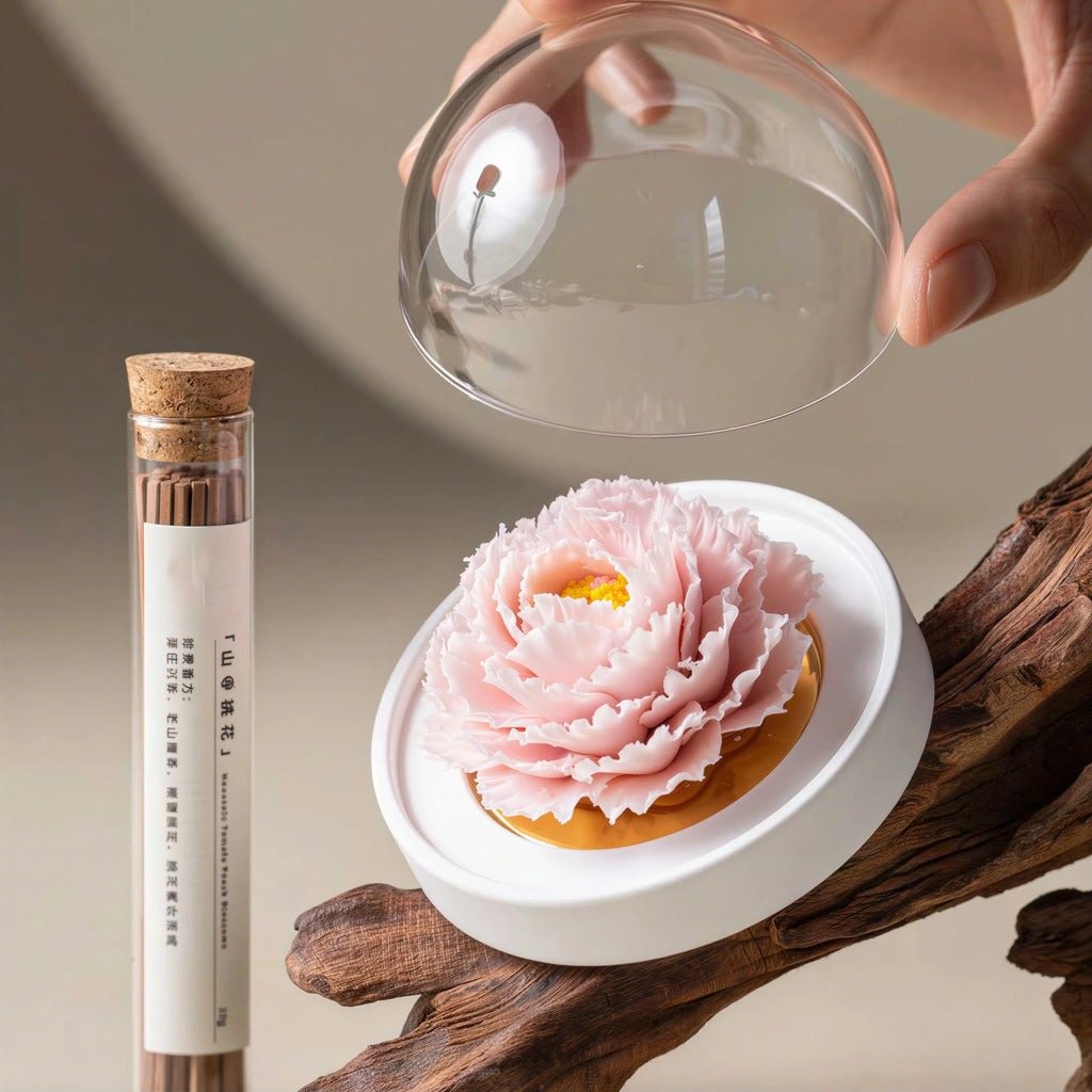 Angled view of the pink carnation, white base and incense tube