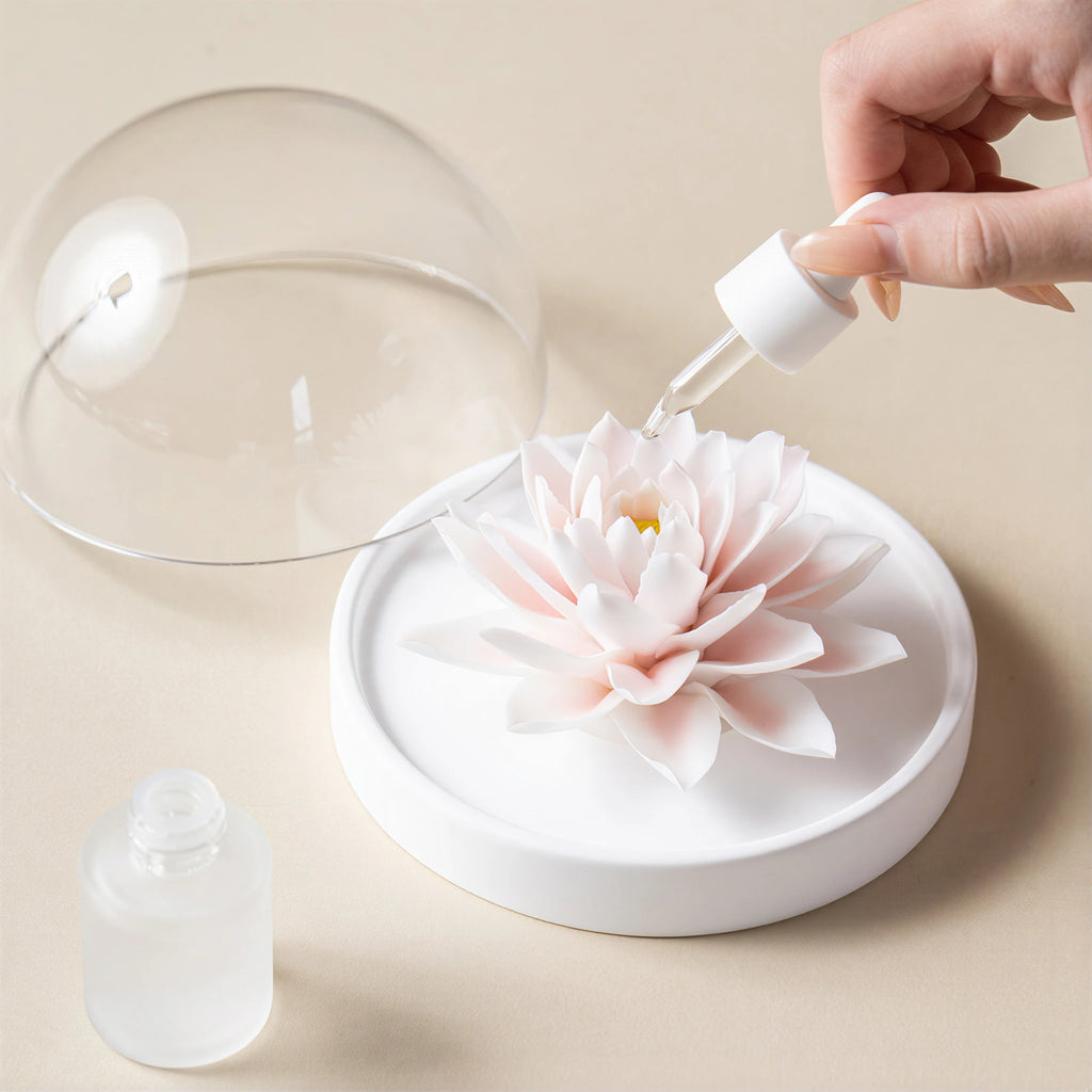 Fragrance oil being applied to the white porcelain lotus